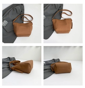 Brown lychee leather bucket bag shown from front, back, side, and bottom views