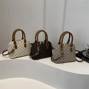 Vintage Monogram Shell Handbag For Women Retro Printed Synthetic Leather Shoulder Bag With Adjustable Strap Crossbody Bag