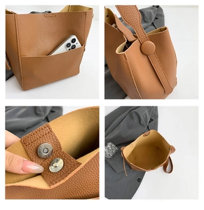 Detailed views of brown pebble leather bucket bag featuring magnetic closure and front pocket
