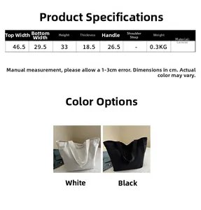 Detailed size chart for large canvas tote bag showing dimensions and product parameters