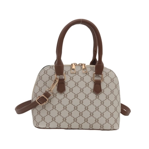 Classic shell-shaped Boston bag with brown retro print and detachable shoulder strap