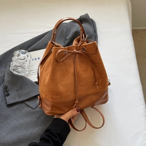 Women Suede PU Leather Patchwork Bucket Bag Large Capacity Drawstring Backpack Multi Functional Shoulder Bag With Plush Monster Pendant Casual Fashion Handbag