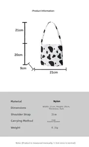 Tableau des tailles détaillé du sac en nylon imprimé vache avec dimensions 21 cm par 20 cm