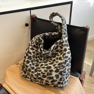 Women Autumn Winter Leopard Print Plush Tote Bag Large Capacity Faux Fur Shoulder Bag Two Piece Set Handbag
