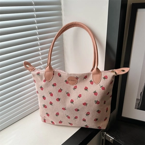 Women Corduroy Strawberry Print Tote Bag Large Capacity Shoulder Bag Casual Sweet Underarm Handbag For Commute School Daily