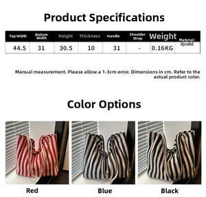 Detailed size chart and color variants for the large striped canvas shoulder tote bag
