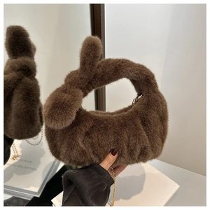 Sac à main en peluche marron en fausse fourrure avec oreilles de lapin et chaîne dorée