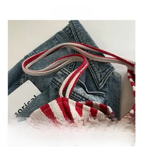 Detailed macro view of red and white striped canvas fabric texture and stitching detail