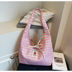 Pink and blue checkered canvas tote bag with cherry patch and bow for daily casual use