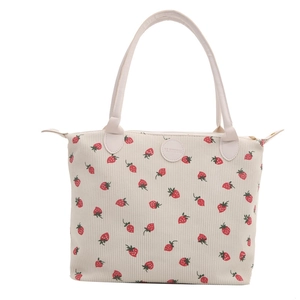 Large capacity corduroy tote bag with strawberry print and leather shoulder straps