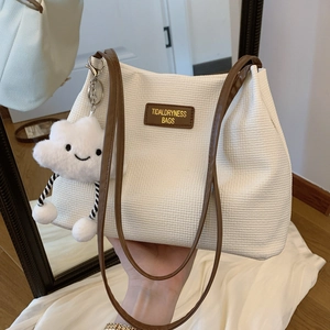 Women Large Capacity Suede Tote Bag Waffle Texture Urban Minimalist Shoulder Bag With Cute Cloud Plush Charm Khaki Brown