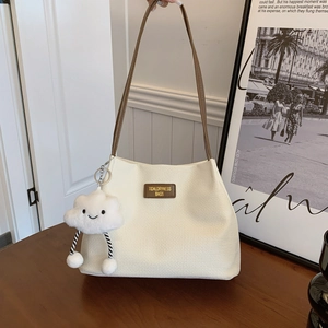 Minimalist white waffle texture tote bag with brown straps and cute cloud charm