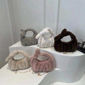 Sac à Main en Fausse Fourrure Peluche Femme Poignée à Nœud Plissé Sac à Épaule Mode Hiver Carré Bandoulière avec Chaîne