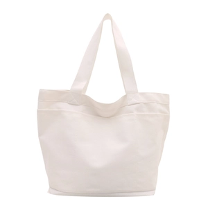 Minimalist white canvas tote bag with front pockets and top handles for casual daily use