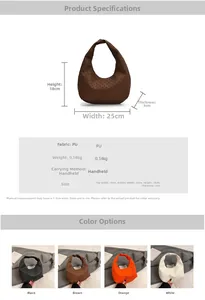 Detailed size specifications and color options for the stylish PU leather crescent bag