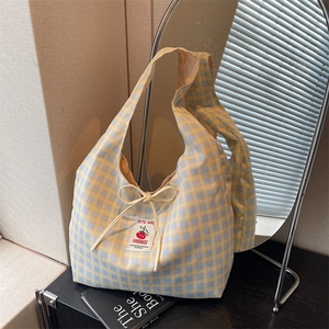 Cute yellow and blue checkered canvas tote bag with cherry patch and ribbon detail