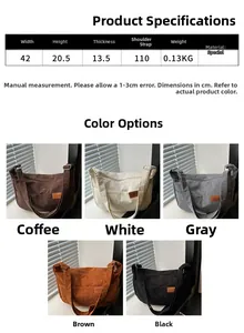 Corduroy crossbody bag details with size chart showing brown, white, grey, and black colors