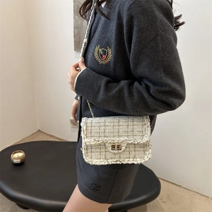 Detail of the woven tweed shoulder bag featuring a gold clasp and chain strap