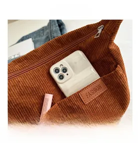 Detail shot of brown corduroy crossbody bag texture with fashion label and zipper