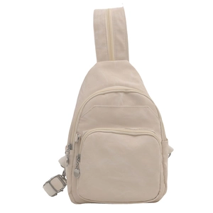 Versatile beige nylon crossbody bag with multiple zipper compartments and wide strap