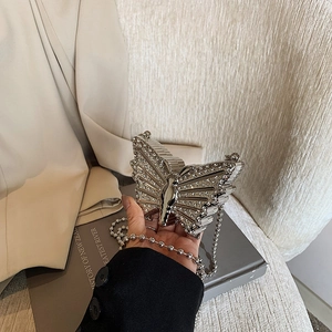 Elegant silver butterfly clutch evening bag with sparkling rhinestones and chain strap