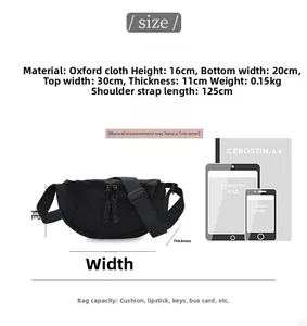 Detailed size chart for black oxford cross-body bag showing dimensions and capacity