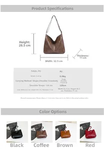 Detailed size and color chart for large PU leather tote bag with dimensions and strap length