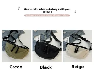 Three-color nylon crescent crossbody bags in green black and beige with adjustable straps