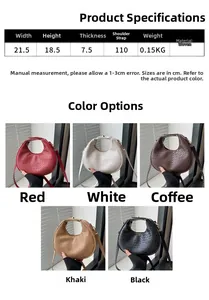 Size chart and dimensions for the woven crescent bag with multiple color options