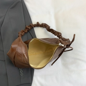 Dark brown pleated cloud shoulder bag with a scrunchie handle and stylish crescent shape