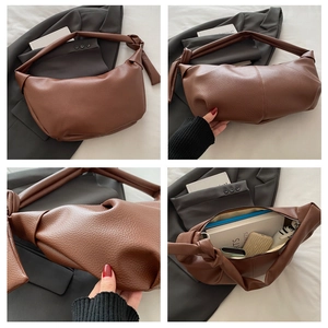Detailed views of brown lychee texture hobo bag with knotted strap and spacious interior