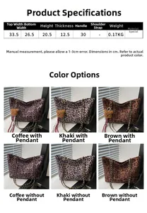 Guide des tailles pour sac cabas léopard avec dimensions détaillées et options de couleur