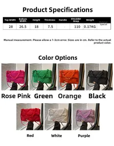 Guide des tailles pour sac matelassé avec dimensions et sept options de couleurs