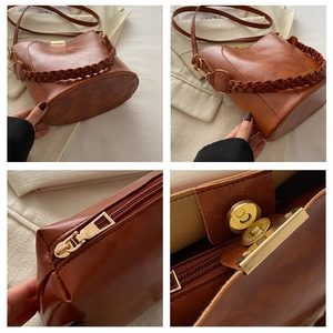 Vues détaillées du sac seau marron vintage avec fermoir magnétique et anse tressée