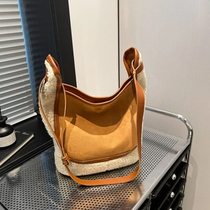 Fuzzy cream sherpa and brown faux suede hobo tote bag for women with leather straps