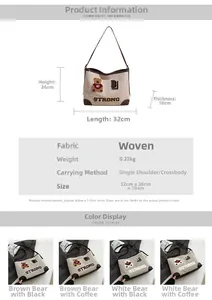 Detailed size specifications and weight information for the embroidered bear tote bag
