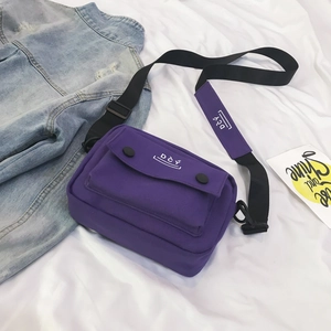 Detail view of purple canvas crossbody bag with decorative buckles and DCY logo on strap
