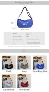 Infographic showing lightweight nylon crescent bag specs and five color options