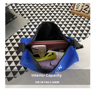 Interior view of the large blue nylon crossbody bag showing spacious storage capacity