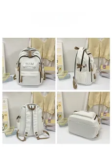 Four-angle view of a white minimalist school backpack with brown trim and large capacity