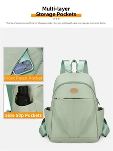 Detail of light green waterproof nylon backpack with multi-layer storage and side pockets