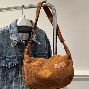 Women Japanese Minimalist Corduroy Shoulder Bag Lightweight Large Capacity Half Moon Hobo Crossbody Bag Casual Tote Bag