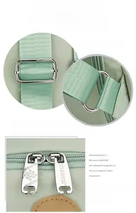 Detail of durable nylon fabric with metal zipper pull and adjustable strap buckle
