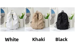 Detailed view of minimalist school backpacks in white, khaki, and black colors