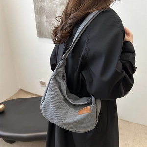 Minimalist grey corduroy crossbody tote bag with leather label for daily casual wear