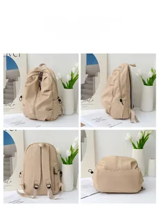 Detailed four-angle view of beige minimalist backpack showing front, side, and back features