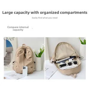Detail of the large capacity beige nylon backpack with multiple storage compartments