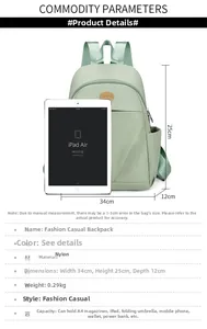 Detailed size guide of green nylon backpack showing 34x25x12cm and iPad compatibility