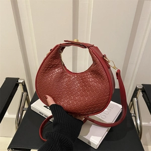 Red moon hobo bag with woven texture, golden hardware and adjustable strap for women