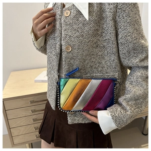 Detail shot of the colorful metallic striped crossbody bag with silver beaded trim and chain
